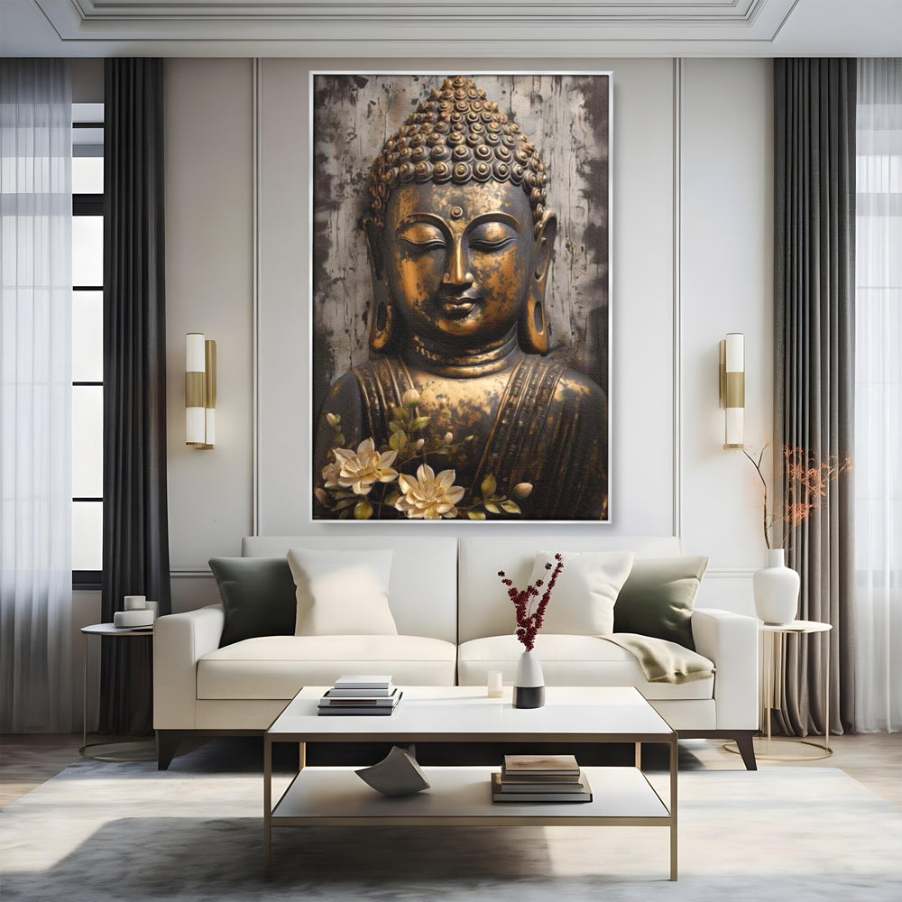Tablou canvas cu tablou canvas cu capul lui buddha, in rama de aluminiu argintiu, pe perete intr-un living